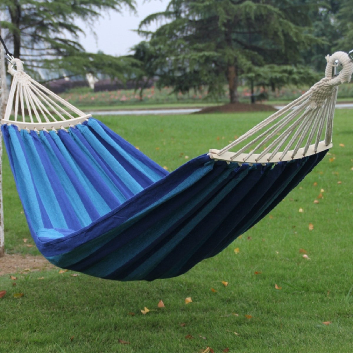 Outdoor dubbele verdikte canvas hangmat binnenschommel met afneembare gebogen staaf, maat: 200x100cm (donkerblauw)