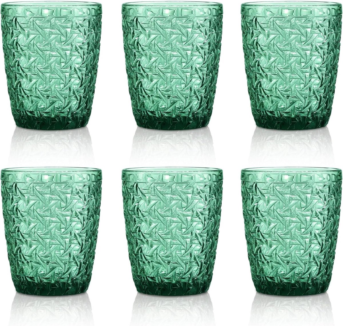 Set van 6 Vintage Drinkglazen - Groen Glas - Kleurrijk Reliëfdesign - Vaatwasmachinebestendig - Voor Elke Gelegenheid