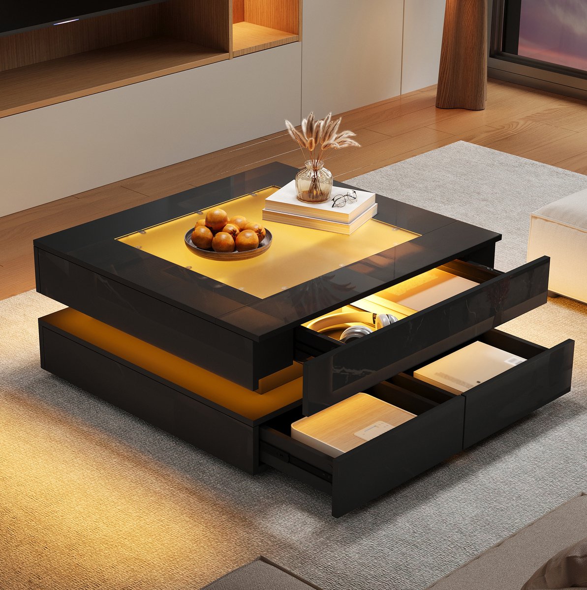 Wishdor - Salontafel - LED-verlichting - 3 lades en glazen tafelblad - modern - woonkamer en kleine ruimte - houtlook en veiligheidsglas - zwart - 70 x 70 x 35 cm