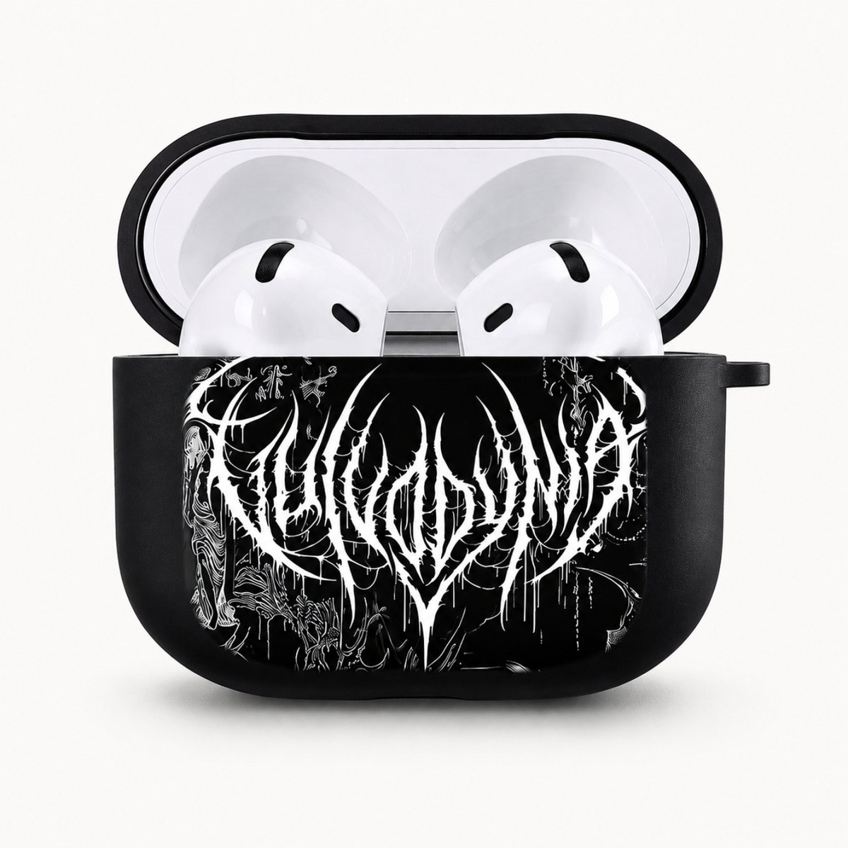 Enluxe Case geschikt voor Airpods 4 - Black Metal Gothic Print - Zwart Hardcase met Karabijnhaak, Schokbestendig Hoesje