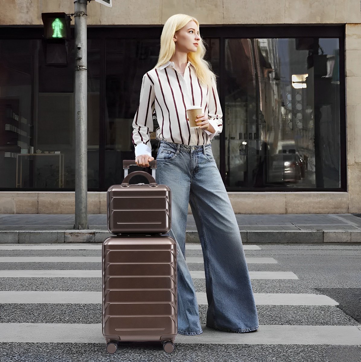 MIVRAY Kofferset – 2-Delig 19 en 14 Inch met Cijferslot en Spinnerwielen – 35,5 x 20,5 x 55 cm – ABS – Bruin – Voor Weekendreizen