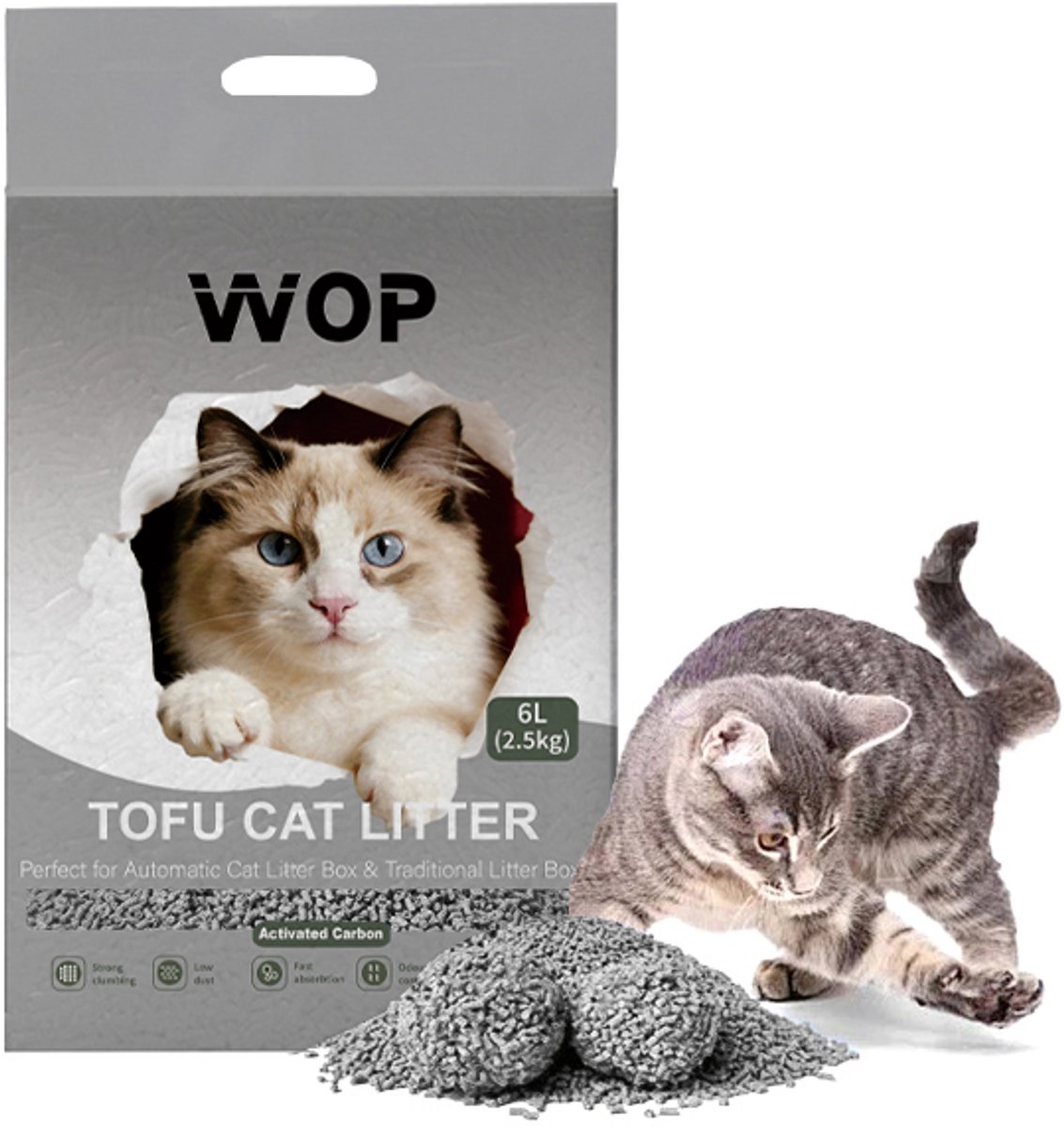 TOFU kattenbakvulling - Activated Carbon / Actieve Kool - WOP - Kattoilet - 6L - 2.5KG