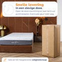 Matras in doos naast het matras, met tekst: Snelle levering in een stevige doos.