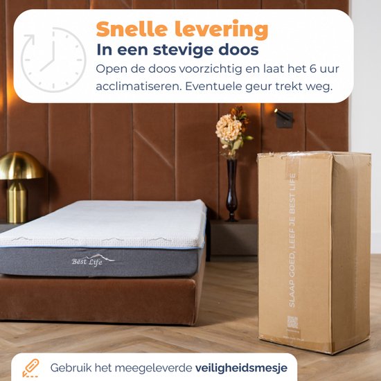 Matras in doos naast het matras, met tekst: Snelle levering in een stevige doos.
