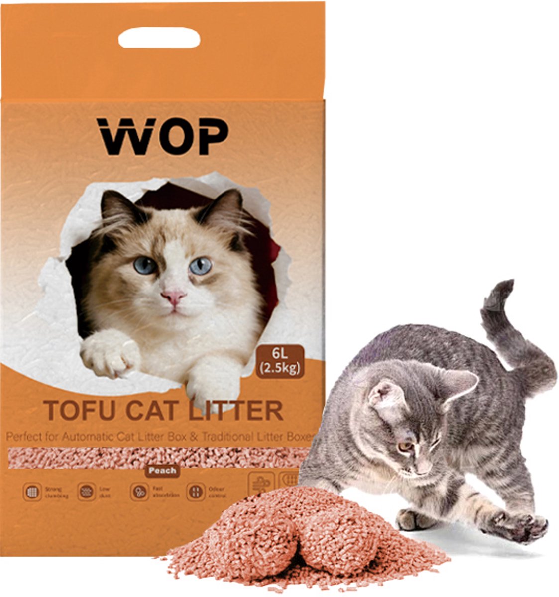 TOFU kattenbakvulling - Perzik / Peach - WOP - Kattoilet - 6L - 2.5KG
