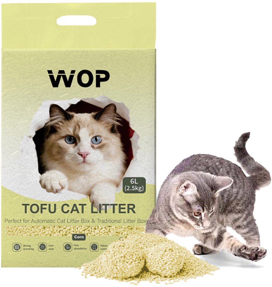 TOFU kattenbakvulling - Mais / Corn - WOP - Kattoilet - 6L - 2.5KG