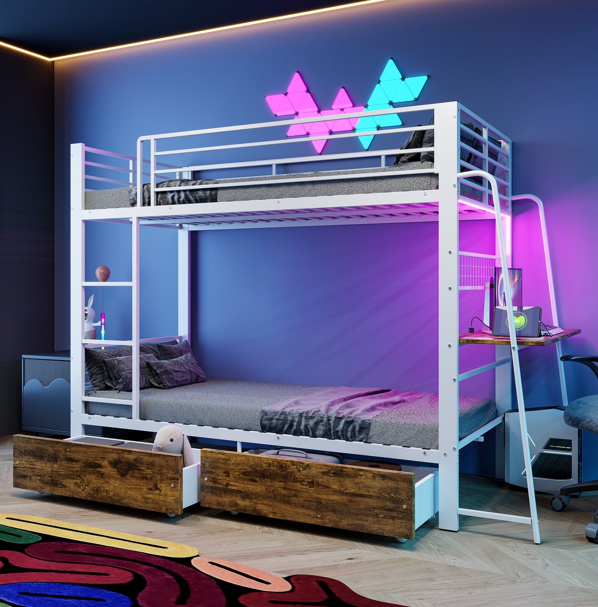 Sweiko Stapelbed - 90 x 200 cm - Metalen frame - Met bureau - LED-verlichting - 2 lades - Met oplaadaansluiting - Kinderbed - Wit