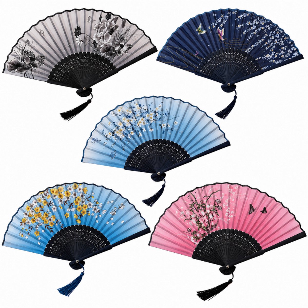 Set van 5 Handwaaiers - Bamboe Vouwwaaier met Kwastje 21cm - Luxe Spaanse Waaier voor Bruiloft, Festival en Feestdecoratie - Handige Verkoeling en Cosplay Accessoires - kleurrijk1