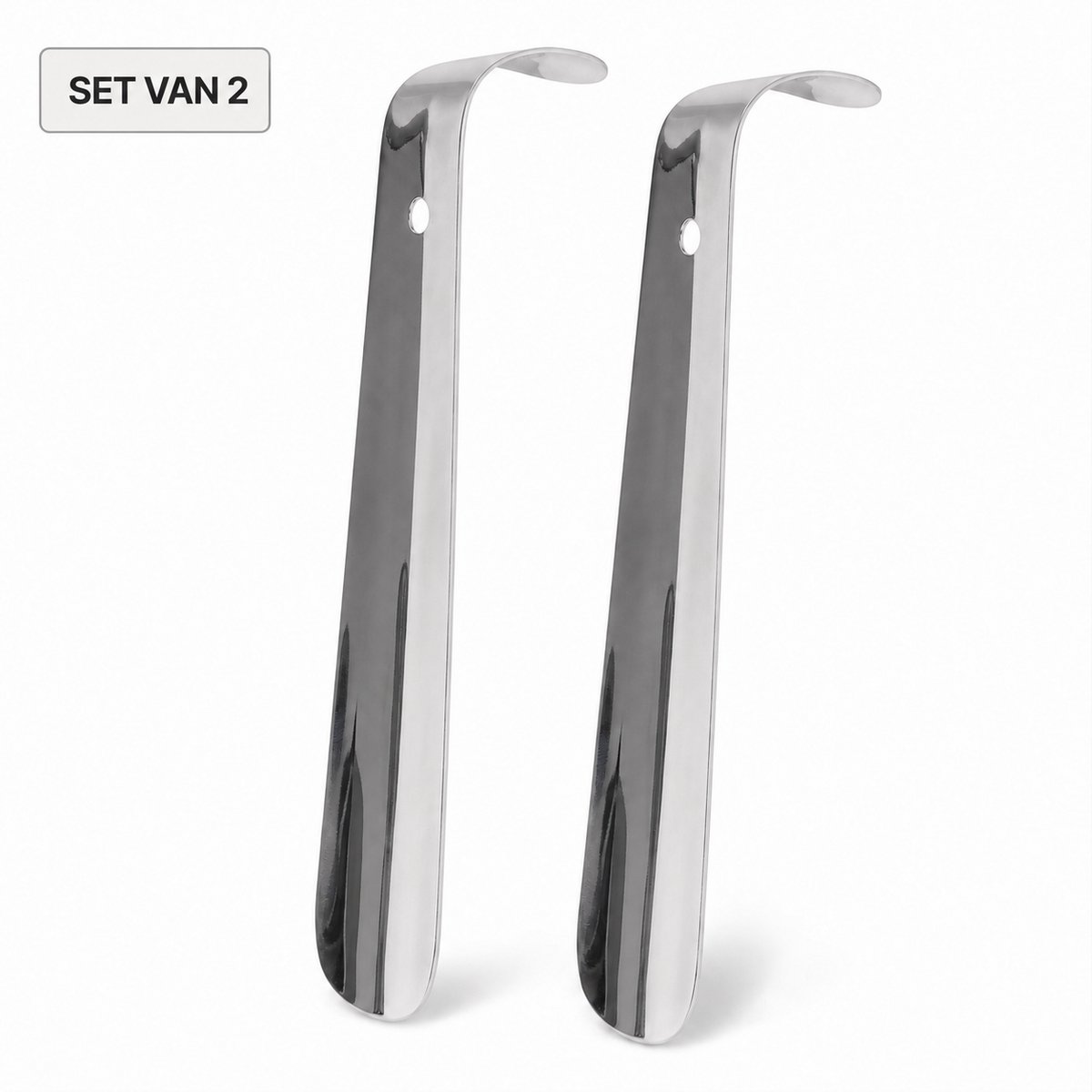 Benza – Schoenlepels Set van 2 – Verchroomd RVS – 18 × 4 cm – Compacte Metalen Schoenlepels met Ophangoog