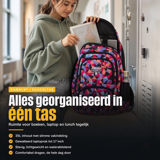 Meisje met rugzak met veelkleurig geometrisch patroon bij schoolkluisjes; ruimte voor boeken en laptop.