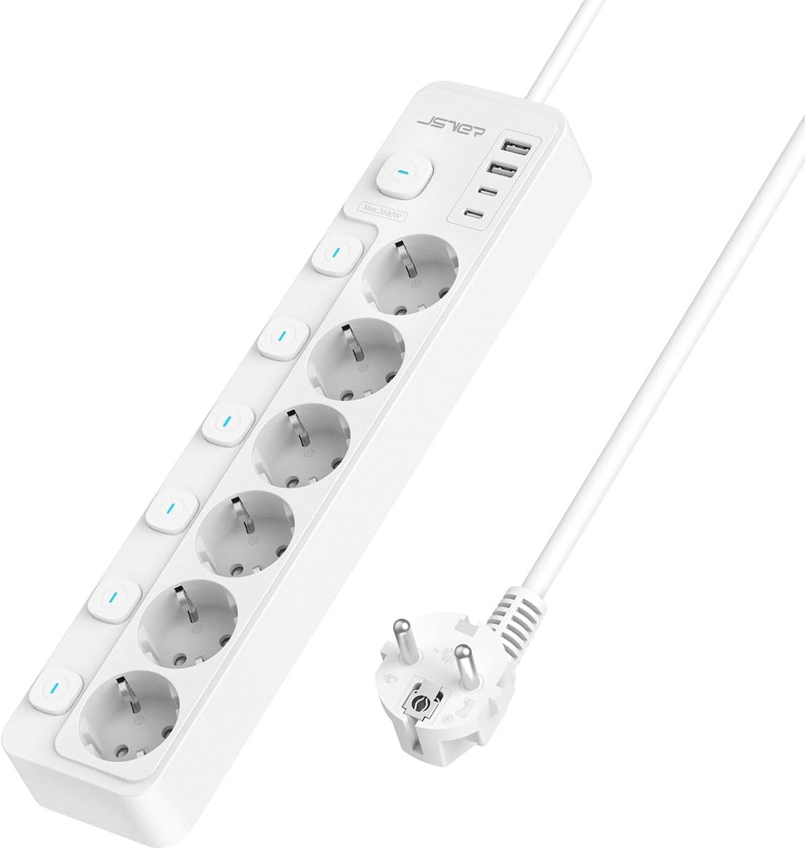 SnelShoppen - 10-in-1 Power Strip met 6 Stopcontacten en 4 USB Oplaadpoorten (2A & 2C) - Wit, 2 Meter Verlengsnoer voor Thuis, Kantoor of Keuken