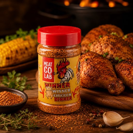 Pot met oranje kruiden, 'Winner Winner Chicken Dinner' opdruk, naast geroosterde kip en mais.