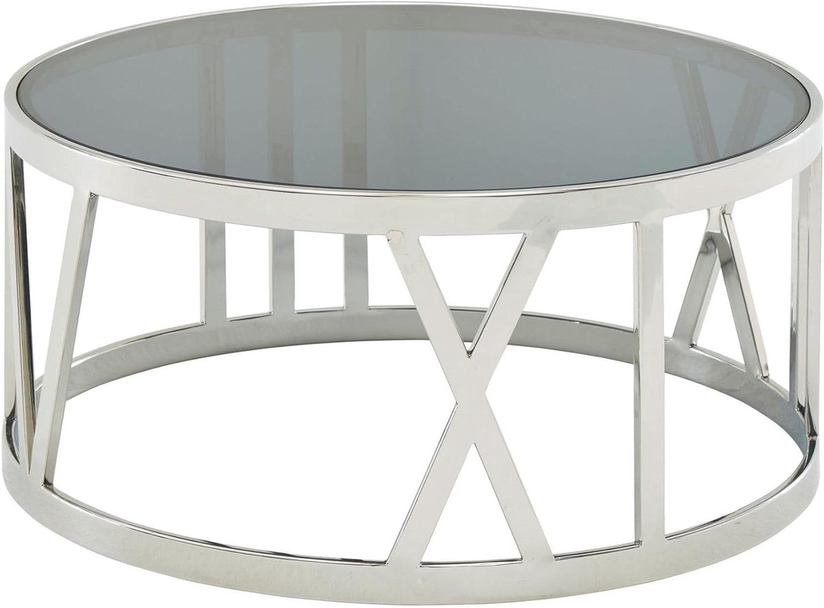Koffietafel Glas en Metaal - Salontafel Rond - Woonkamer Inrichten - Transparant Zwart Glasblad - 60x60x30 cm - Zilver