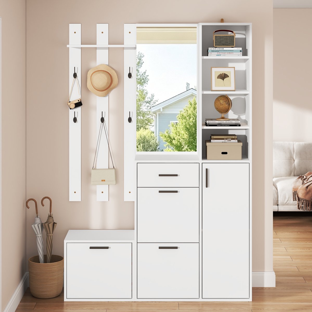 OKWISH Schoenenkast – Garderobe Met Spiegel En Haken – 120 x 30 x 178 cm – 3 Schoenkleppen, 1 Lade, 4 Kasten – MDF En Spaanplaat Wit
