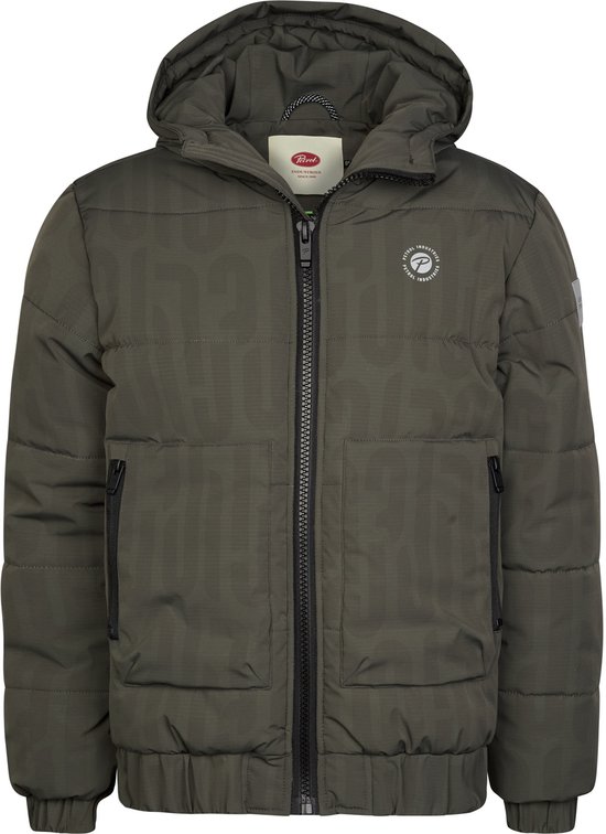 Olijfgroene gewatteerde jas met capuchon, rits, capuchon met label, logo op linkerborst en all-over logo print.