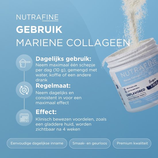Nutrafine Mariene Collageen poeder, met tekst over dagelijks gebruik, consistentie en resultaten na 4 weken.