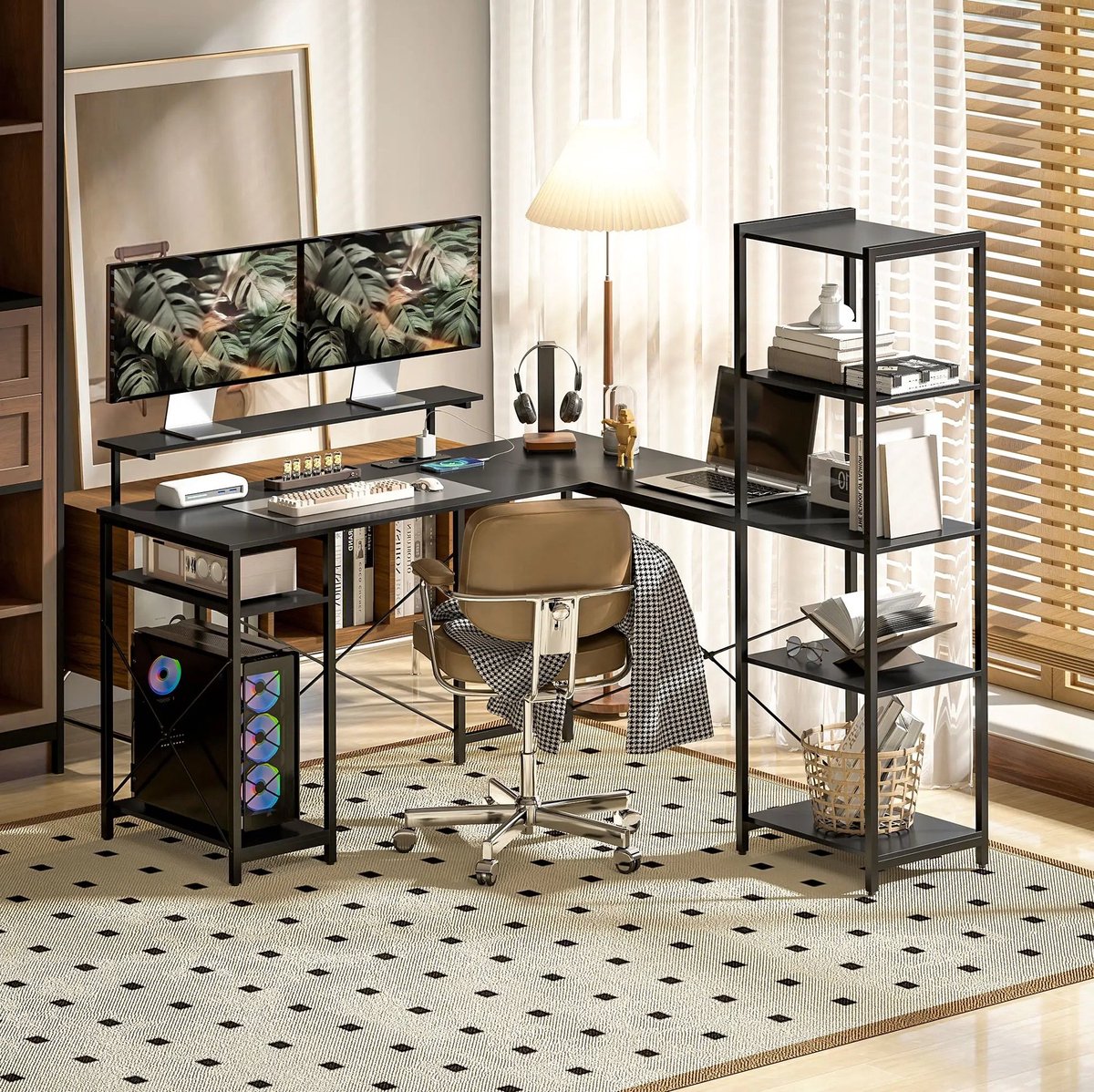 STILVORA Bureau - L-Vormig Hoekbureau Met Monitorstandaard En Oplaadstation - Met 6 Opbergrekken Voor Thuiswerkplek - Zwart - 140x137x139,5 Cm