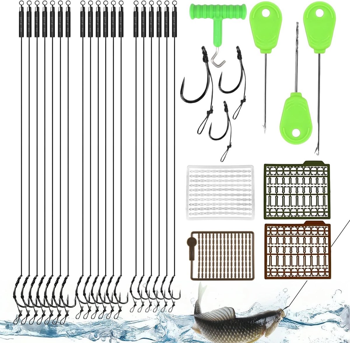 Complete Set van 18 Barbless Vissen Haken in Diverse Maten met Bait Needle en Boilie Stopper voor Zoet- en Zoutwater Visserij