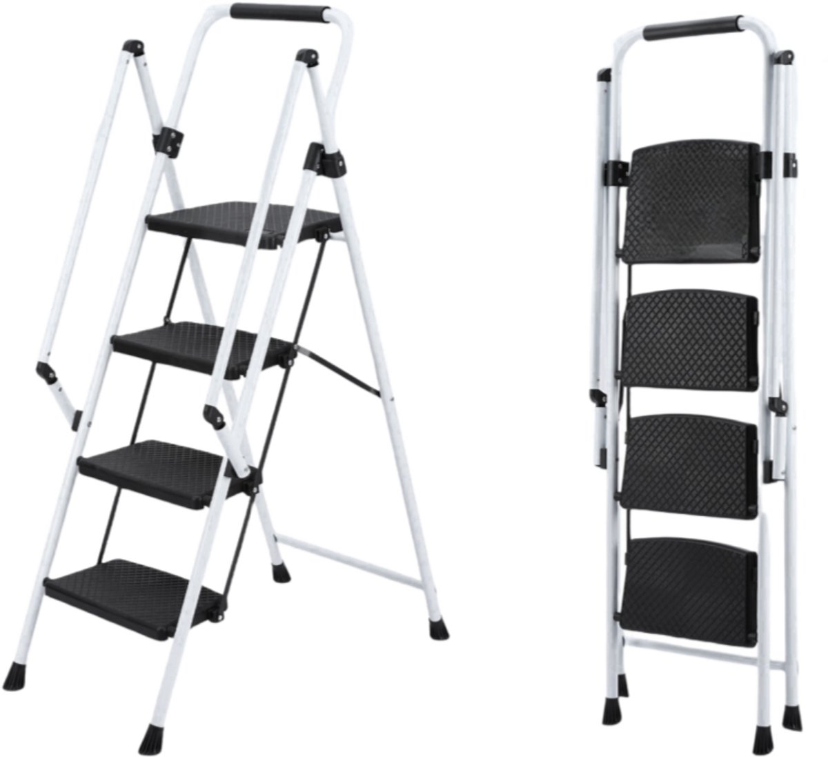 Witte opvouwbare vierstapstrap - Opvouwbaar en lichtgewicht - Brede antislip pedaal - Veiligheidshandgreep - Sterk stalen constructie - Multifunctioneel voor huis, keuken, kantoor