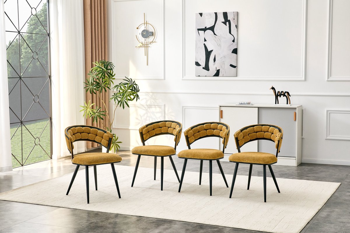 OKWISH Eetkamerstoel – Luxe Gewikkelde Rugleuning – Set Van 2 – Velvet En Metaal – Modern – Geel/Zwart – Voor Eetkamer, Woonkamer Of Slaapkamer