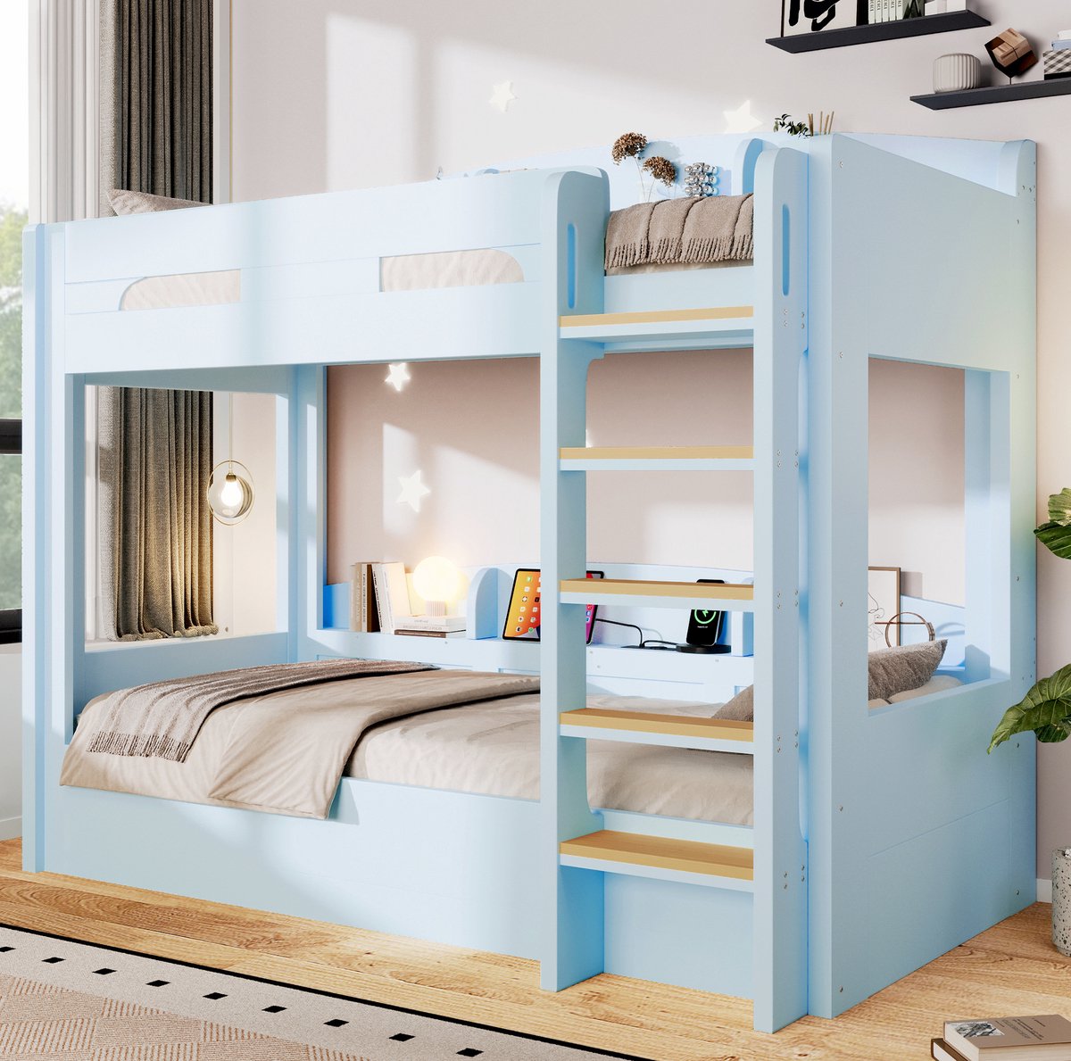 Wishdor Stapelbed 90x200 cm - Met onderbed en USB-oplaadpunt - Met opbergvakken - Modern minimalistisch - Slaapkamer - Hout - Blauw