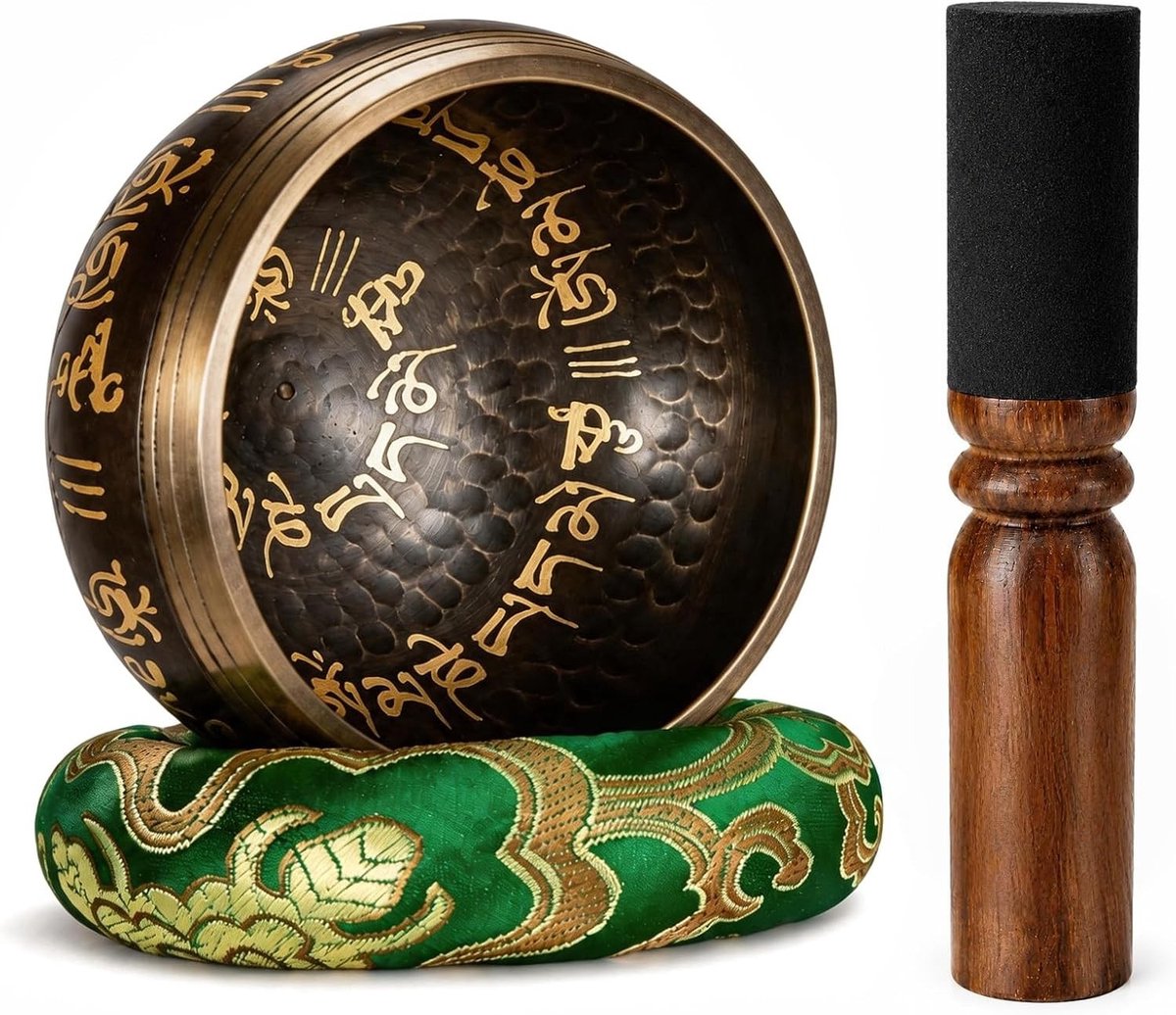 Klankschalenset voor yoga en meditatie, 8 cm diameter, handgesmede messing schaal met houten klopper en ringkussen voor optimale ontspanning en mindfulness