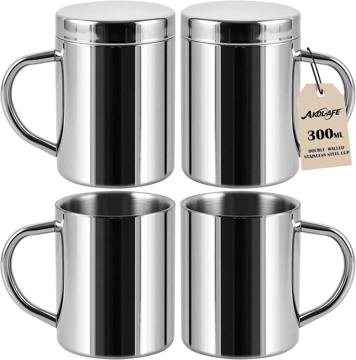 4 stuks roestvrijstalen campingbekers, 300 ml, dubbelwandige koffiemokken voor thee, koffie en outdoor gebruik