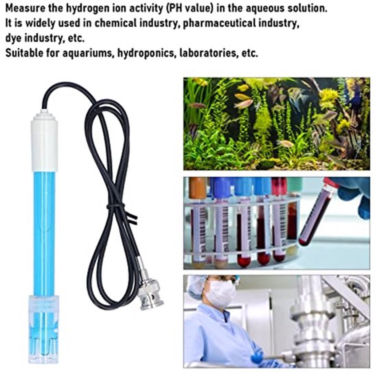 pH Elektrode Test Tool BNC Plug, Plastic pH Probe voor Zwembad BNC, 0.00-14.00PH, 0-60°C, Aquarium met pH Regulator, Geschikt voor Chemische Industrie