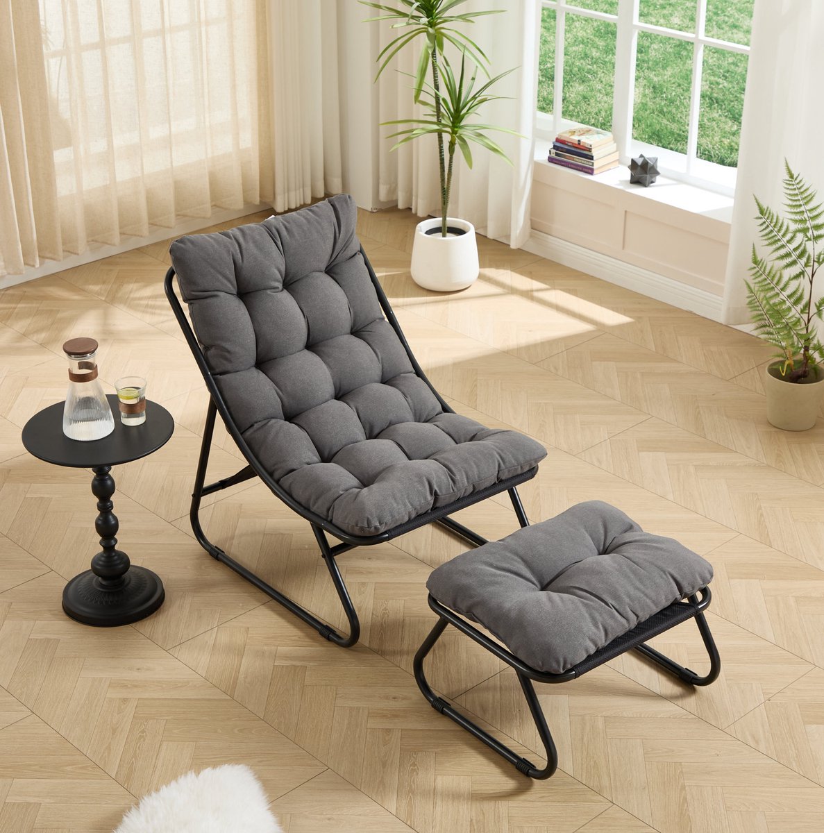 DESMIU Tuinstoel 65 x 78 x 86 cm - Loungestoel Met Voetenbank En Zacht Kussen - Voor Tuin, Woonkamer En Slaapkamer - Staal Grijs