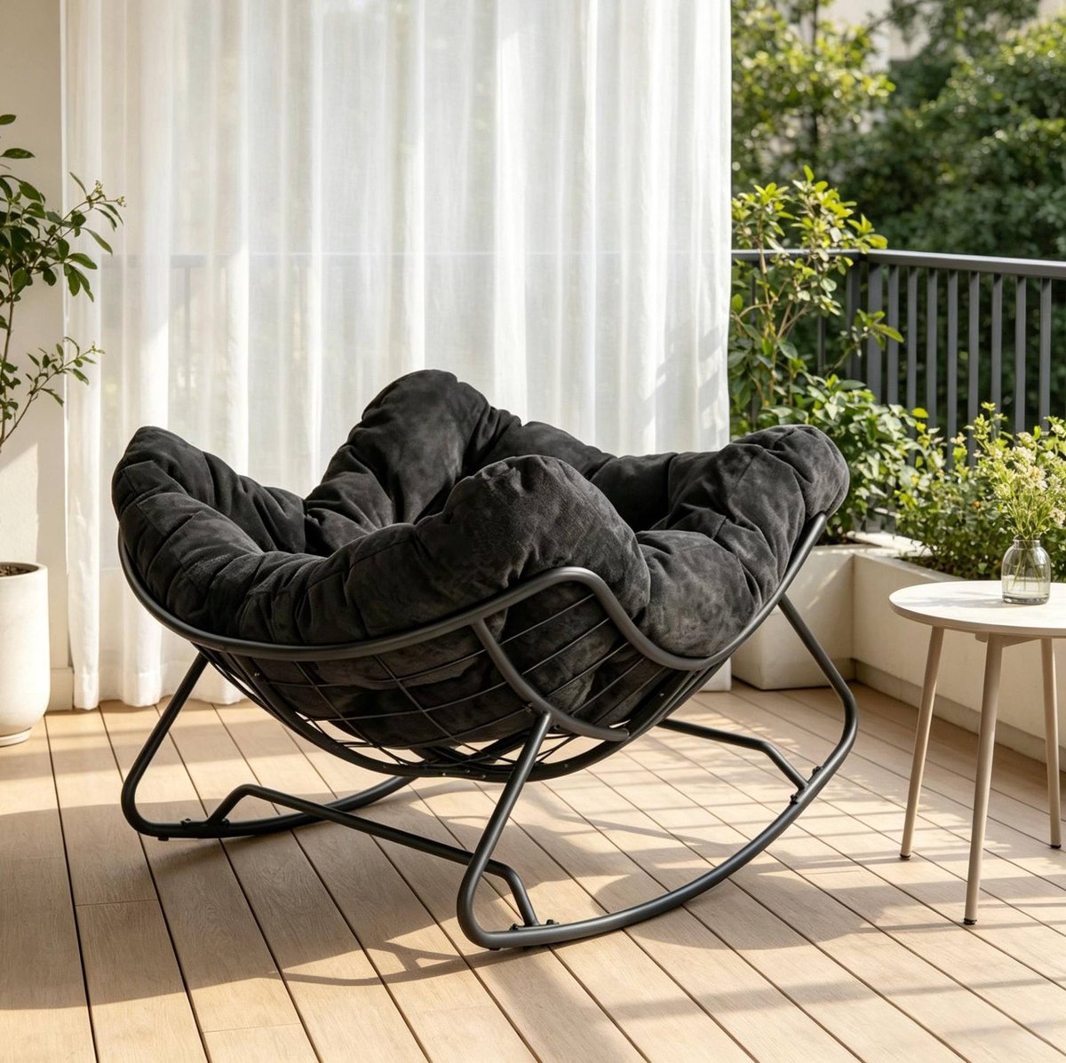 MIVRAY Schommelstoel 91 x 102,5 x 77 cm - Ovale Fauteuil Met Omhullende Zitting - Voor Woonkamer En Balkon - Chenille En Metaal - Zwart