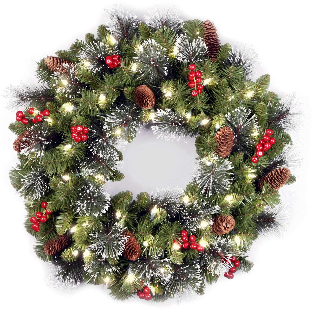 Kunstkerstkrans Van 45 Cm – Versierd Met Verlichting, Dennenappels En Rode Bessen; Batterijhouder Voor Warm Licht (Batterijen Niet Inbegrepen)