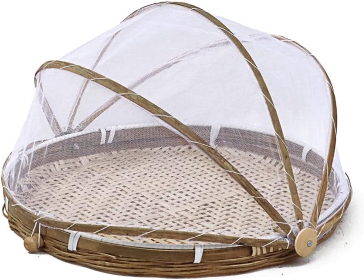 Handgeweven ronde voedselmand met netdeksel van bamboe voor keuken en picknick, ideaal voor brood, fruit en groenten - 30cm, 35cm, 40cm