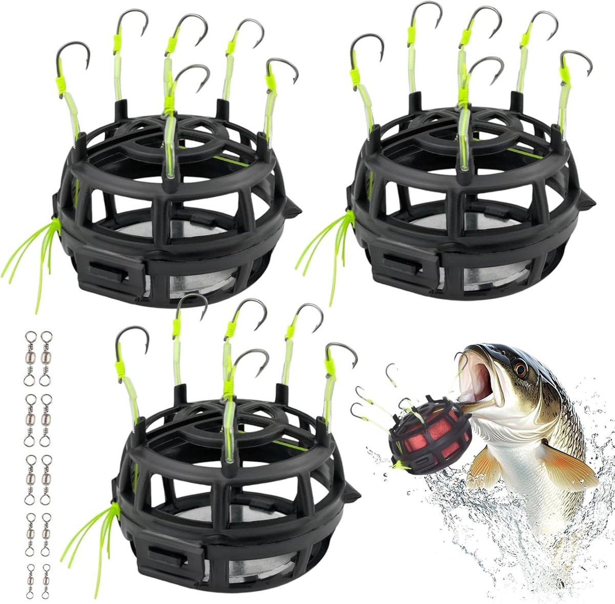 3-delige Visgerei Set: 360° Voeder Mand, 6 Multi-hoek Haken, Aas met Swivel – Accessoires voor Zander, Baars, Snoek en Forel in Zoet- en Zoutwater