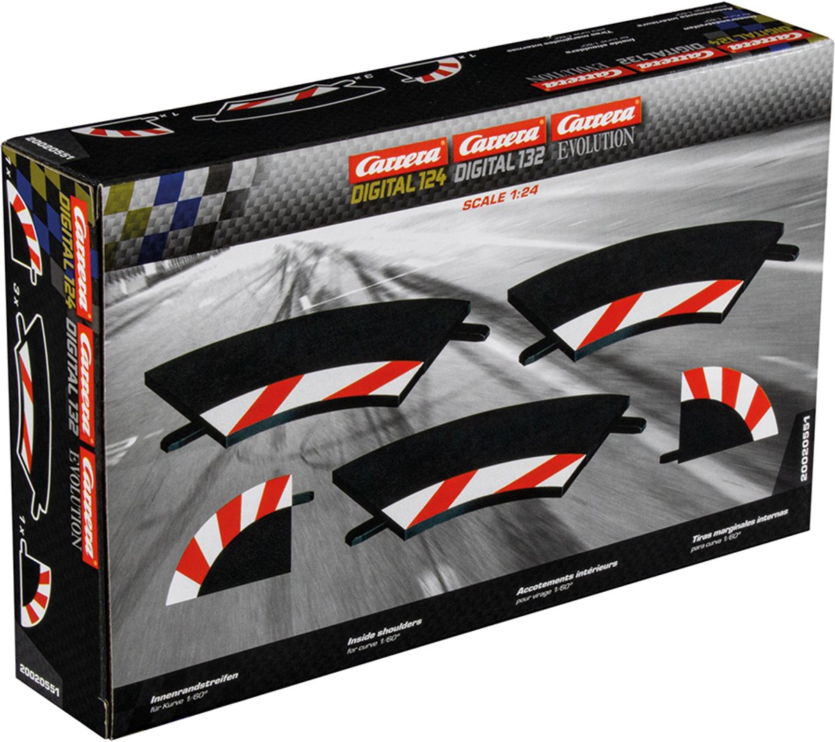 Carrera racebaanonderdeel - digital 124/132/evolution - uitbreidingsset binnenste railstukken met randstrips voor 60° bochten - 3 baanonderdelen onderdeel afbeelding