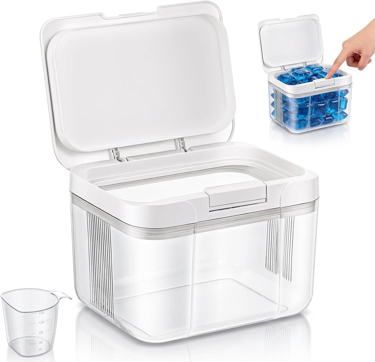 Wasmiddelopslag met druksluiting en lepel, transparante acryl opbergdoos voor waspoeder, geurboosters en waspods, 2,9 liter capaciteit