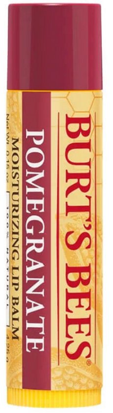 Burt's Bees granaatappel lippenbalsem. Gele verpakking met rode band en opdruk.