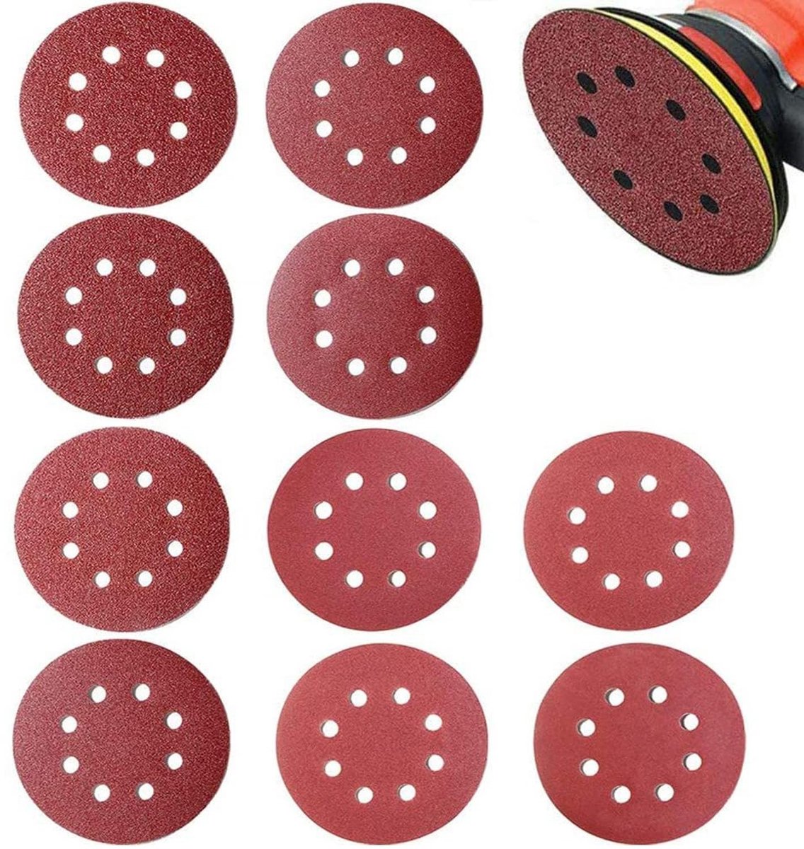 100 Stuks Schuurpapier Schijfjes 125mm - Ronde Schuurdiscs met 8 Gaten voor Random Orbital Sander, Diverse Korrelgroottes 40 tot 800 Grit