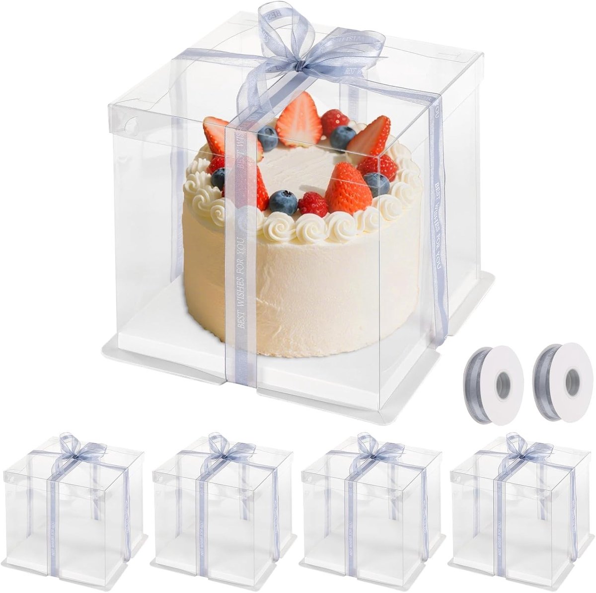 Transparante Taartdozen met Pedestal en Band - Set van 5 - Dubbele Laag voor Bruiloften, Verjaardagen en Feesten - 21.5 x 21.5 x 24 cm