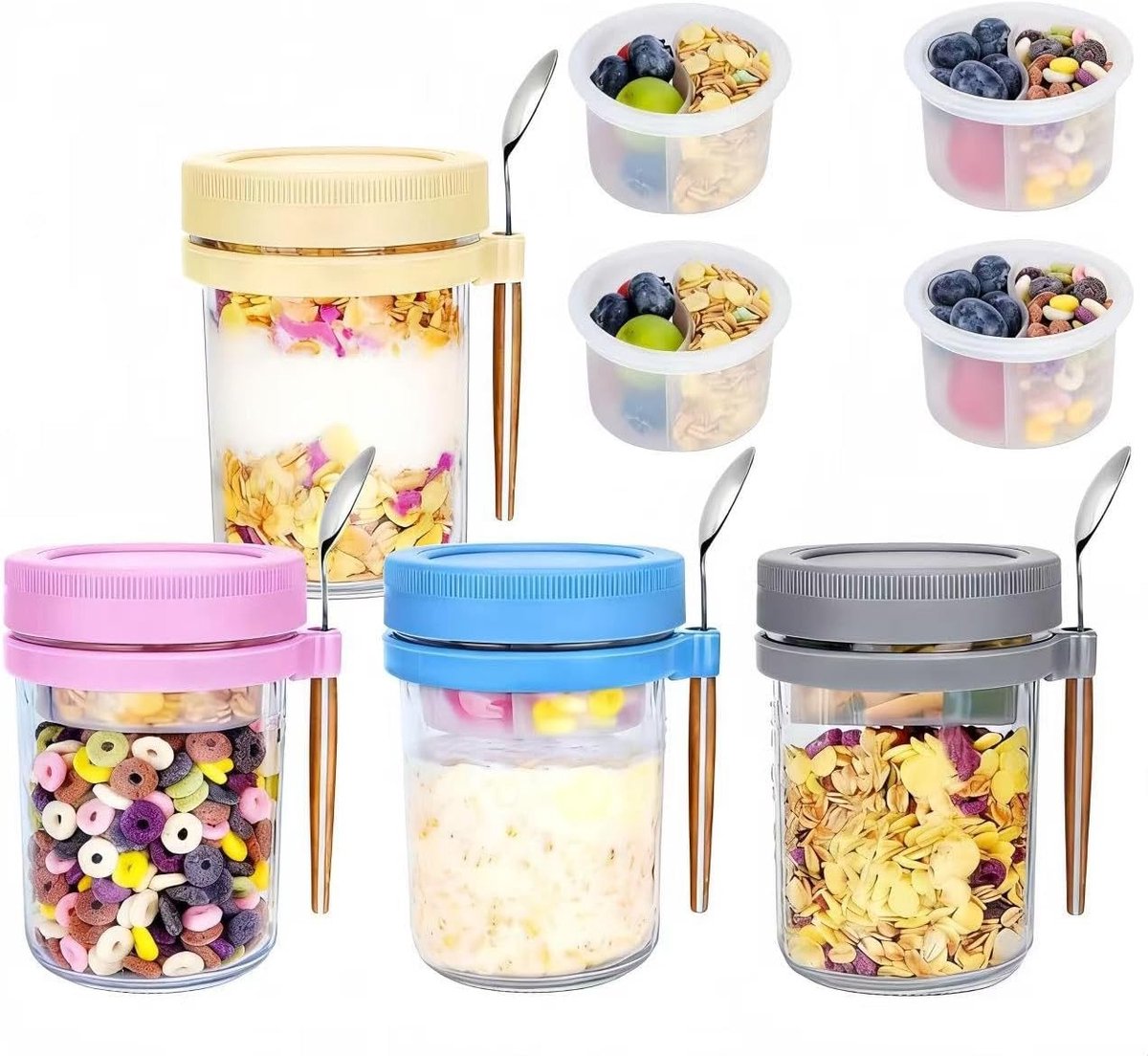 4 Stuks Ontbijtpotten voor Overnight Oats met Lepels en Compartimenten, 450ml - Ideaal voor Yoghurt, Granen en Fruit Salades met Meetmarkeringen en Droog-Natte Scheiding
