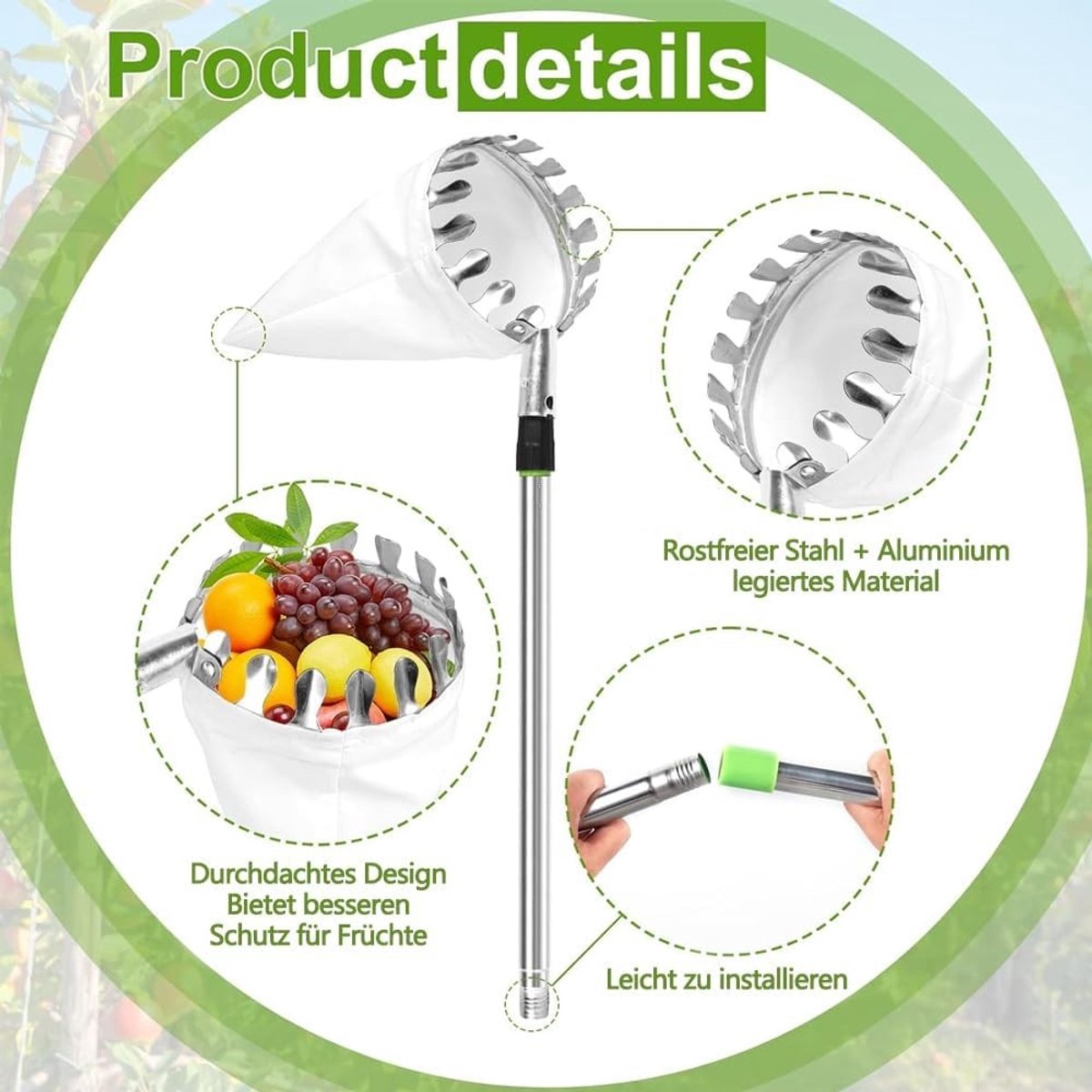 Fruitplukker met een diameter van 16 cm en een lengte van 3,4 m - Ideaal voor het plukken van appels, kersen en pruimen met een handige katoenen tas