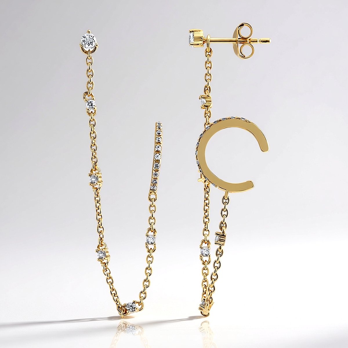 Cavill - Lange Oorstekers 925 Sterling Zilver 18K Verguld - Witte Topaas 0,136 ct & Zirkonen 0,327 ct - Elegante Halfronde Oorbellen