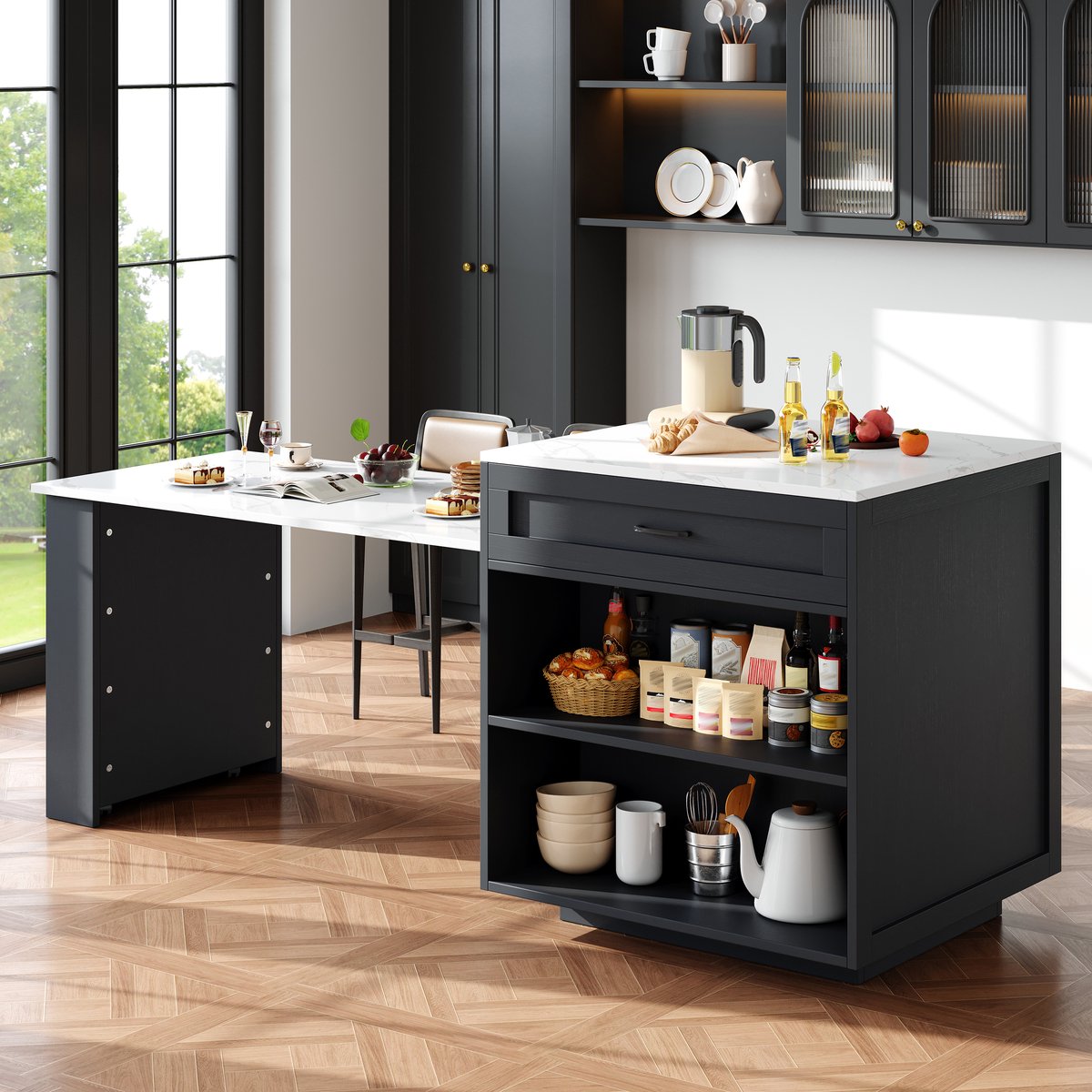 COVREO Bartafel 133-202 x 70 x 93,5 cm - uitschuifbaar, met opbergruimte, zwart