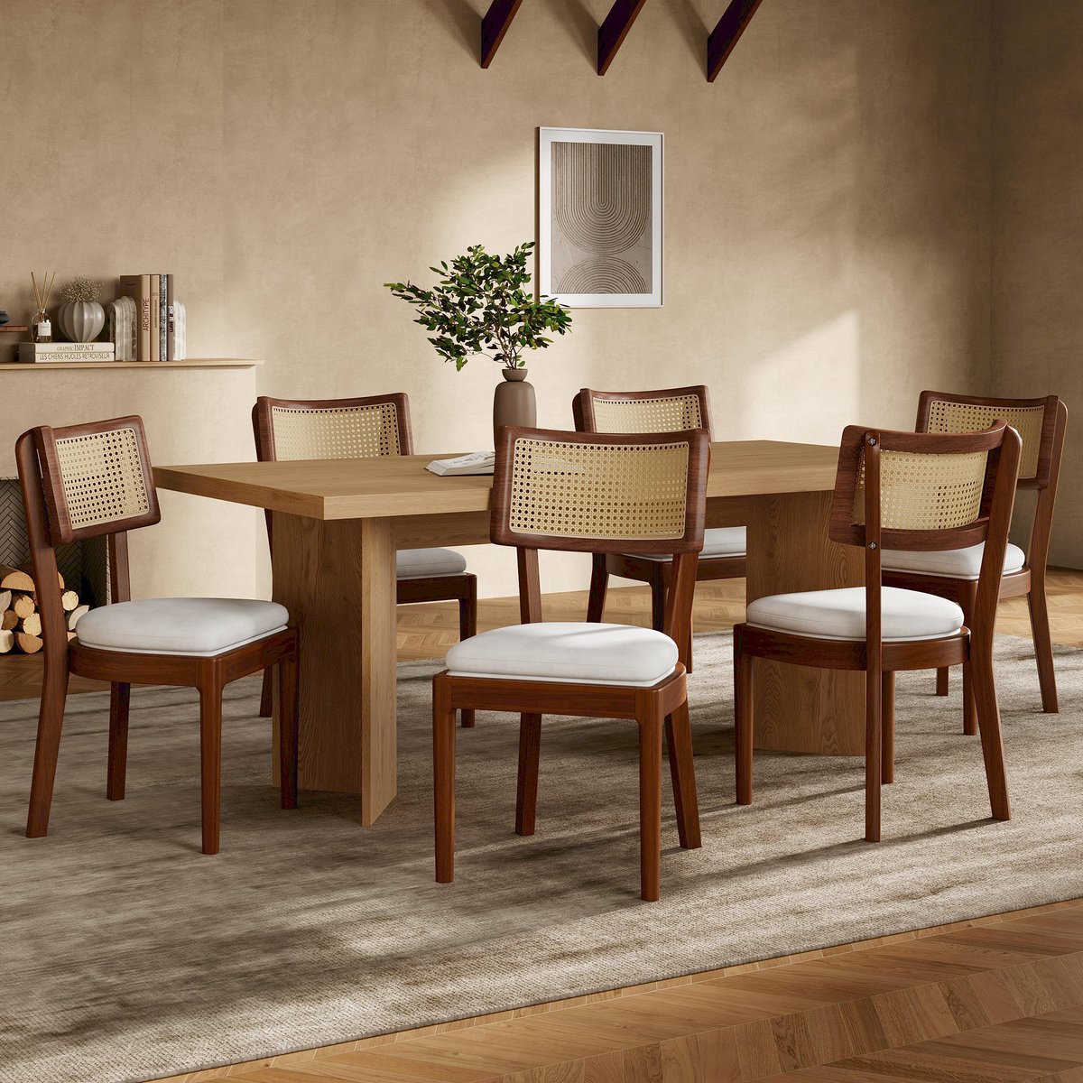 COVREO Eetkamerstoel set van 6 50 x 58 x 88 cm - walnootkleur, rotan rugleuning, linnen zitting