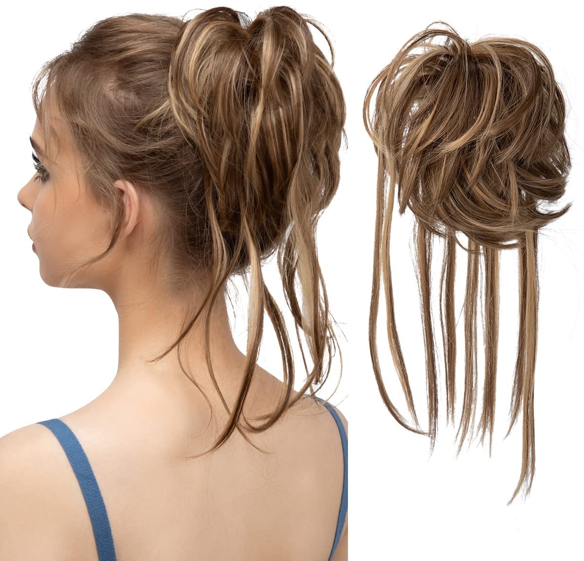 LISM-Rommelig haar, opgestoken haar, krullend haar, opgestoken haar met steile uiteinden, synthetisch haarelastiekje, paardenstaart, haarclip Geschikt voor dames, bruin/honingblond haar