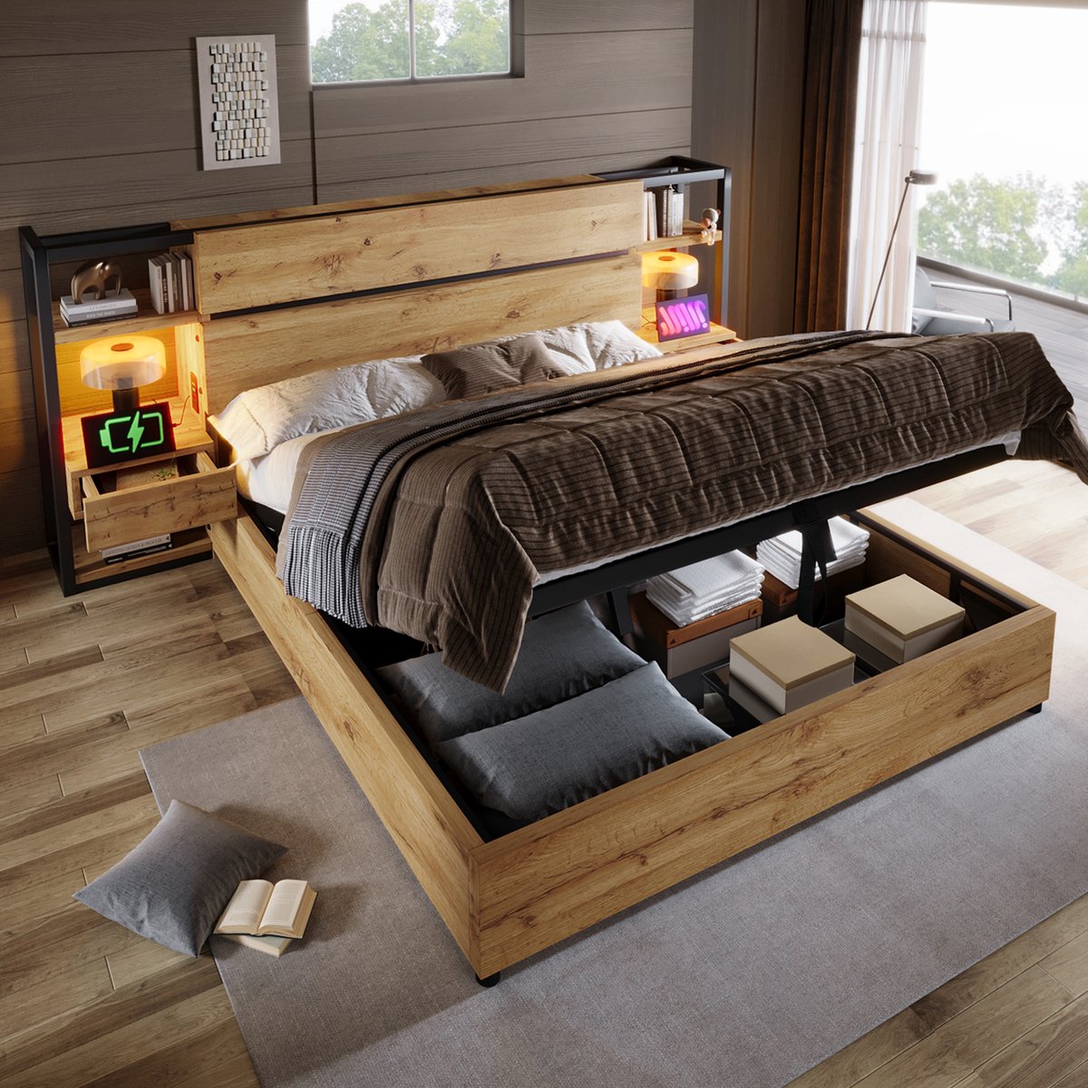 Tweepersoonsbed – met hydraulische opbergruimte – houten – eikenlook – voor moderne slaapkamer – praktisch en ruimtebesparend ontwerp