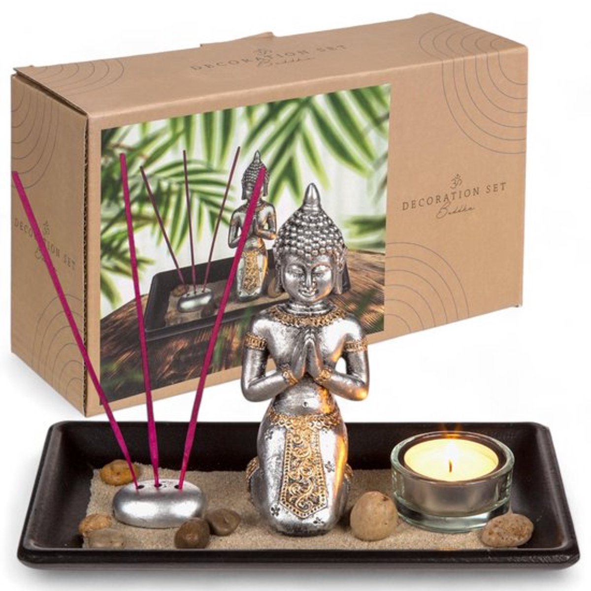 Meditatieset - Boeddha Beeld op Zwarte Houten Tray - Inclusief Theelicht Houder, Wendbare Stickers, Decoratieve Steen en Zand