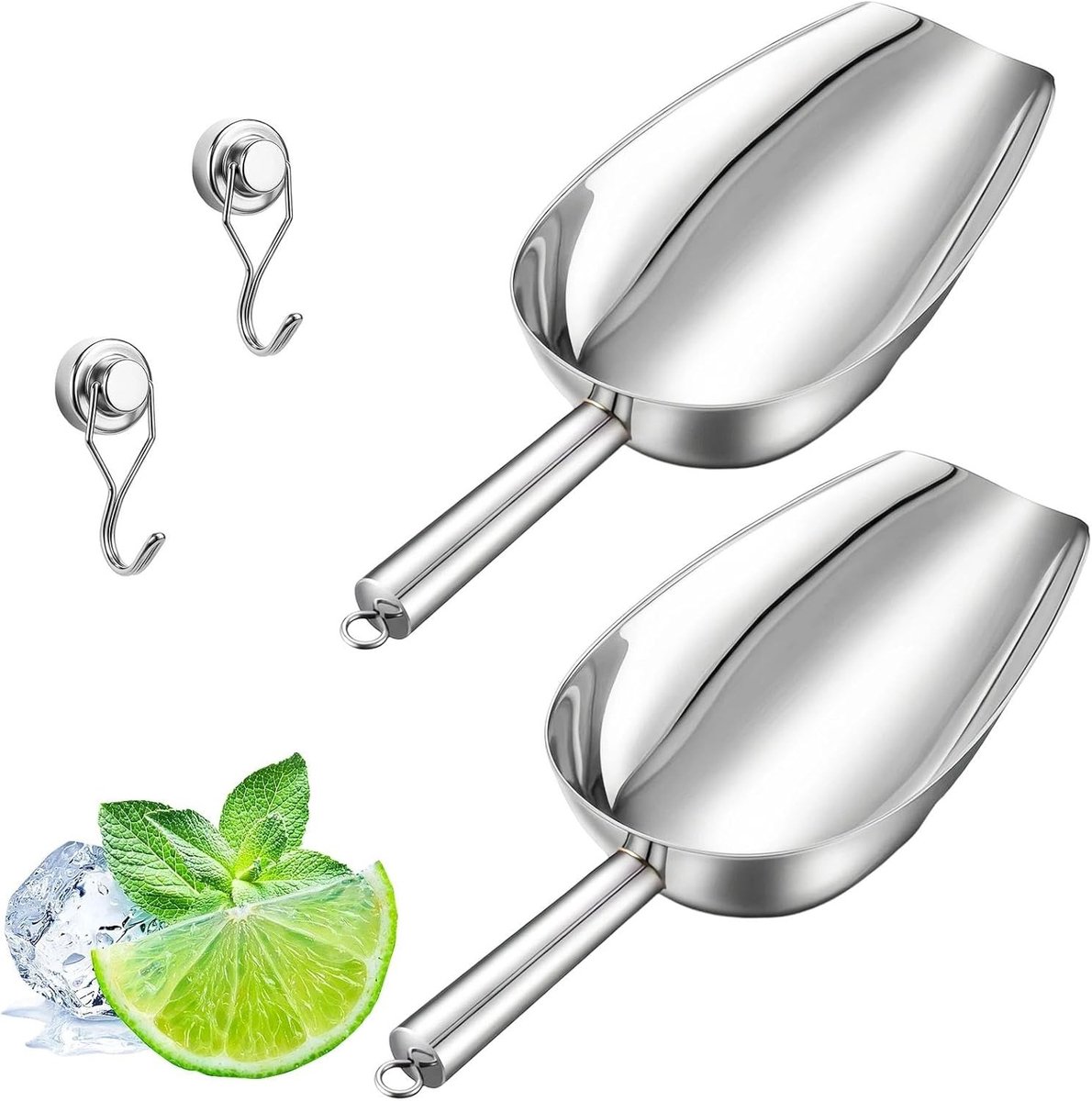 IJsblokjesschep voor kattenvoer - 2 roestvrijstalen scheppen met magnetische haken, ideaal voor keuken, bars en dierenwinkels, perfect voor het serveren van voedsel