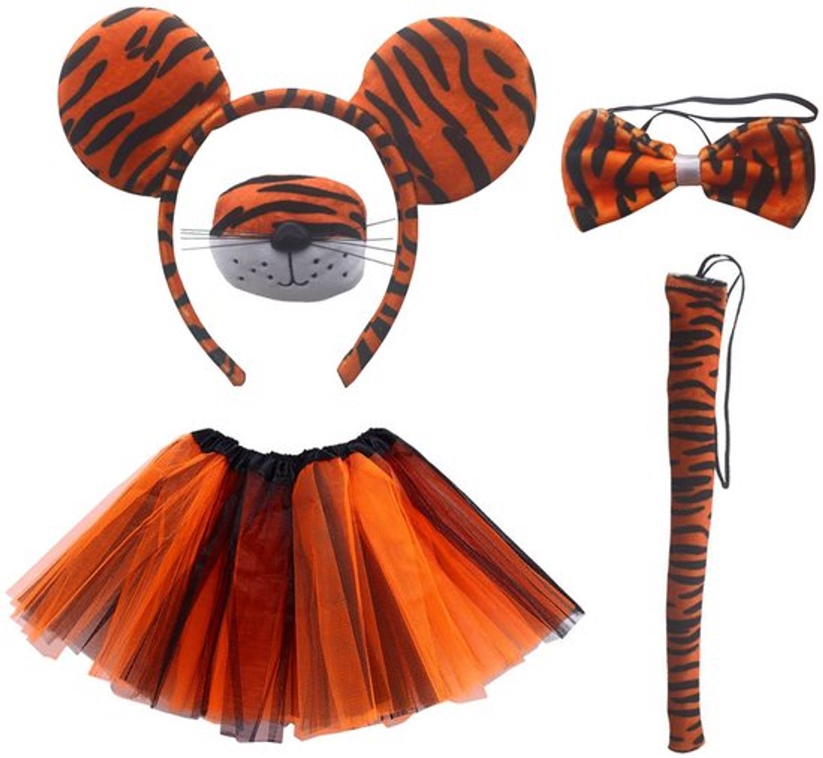 1 kat tijger kostuum, 1 ballerina rok, 1 haarband, 1 strik, 1 staart en neus, tijger kostuum voor kinderen, dieren kostuum set voor Halloween