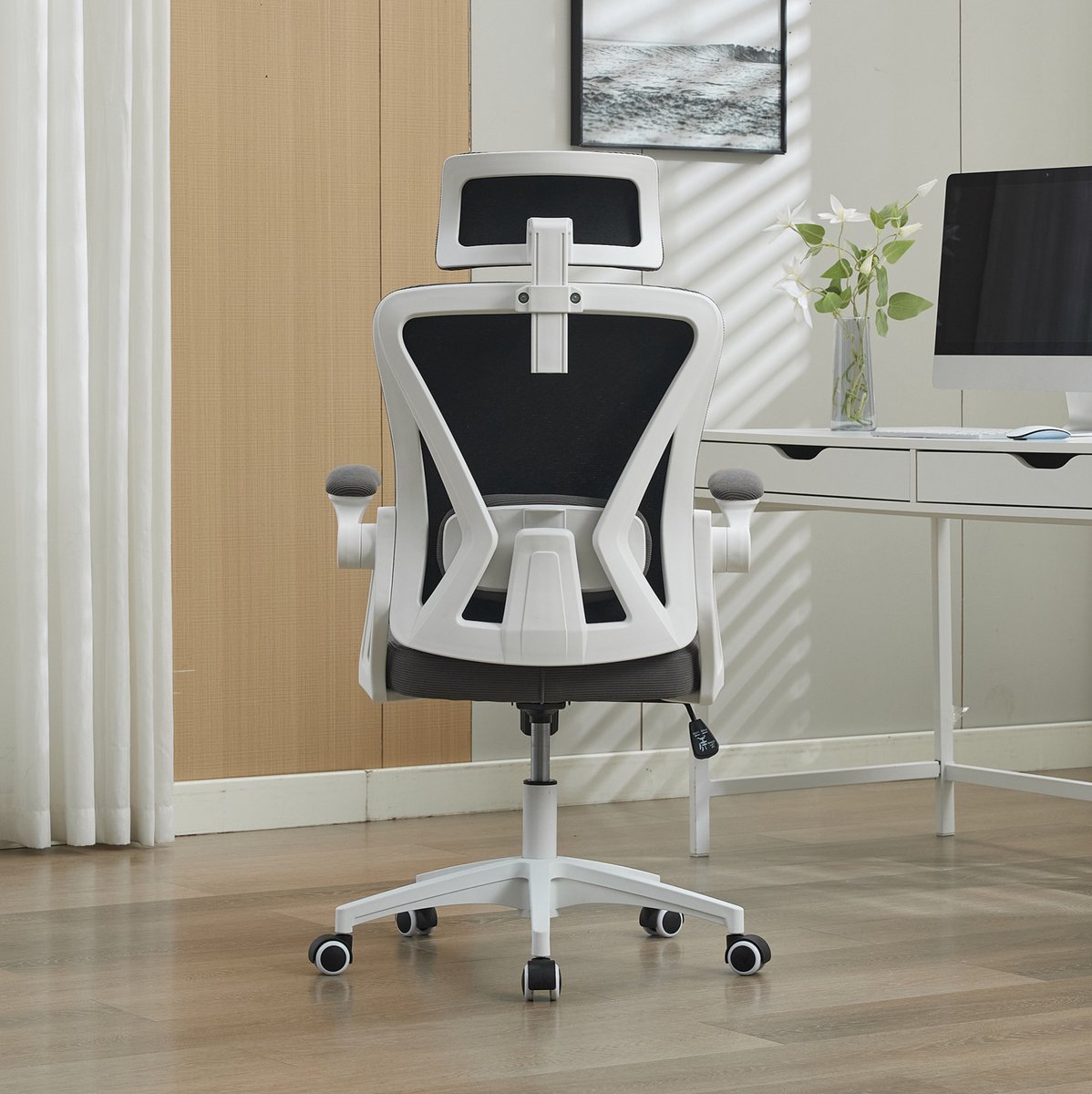 DESMIU Bureaustoel 65 x 58 x 128 cm - Ergonomisch Met Netrug, Hoofdsteun En Verstelbare Armleuningen - Voor Thuis En Kantoor - Mesh Grijs