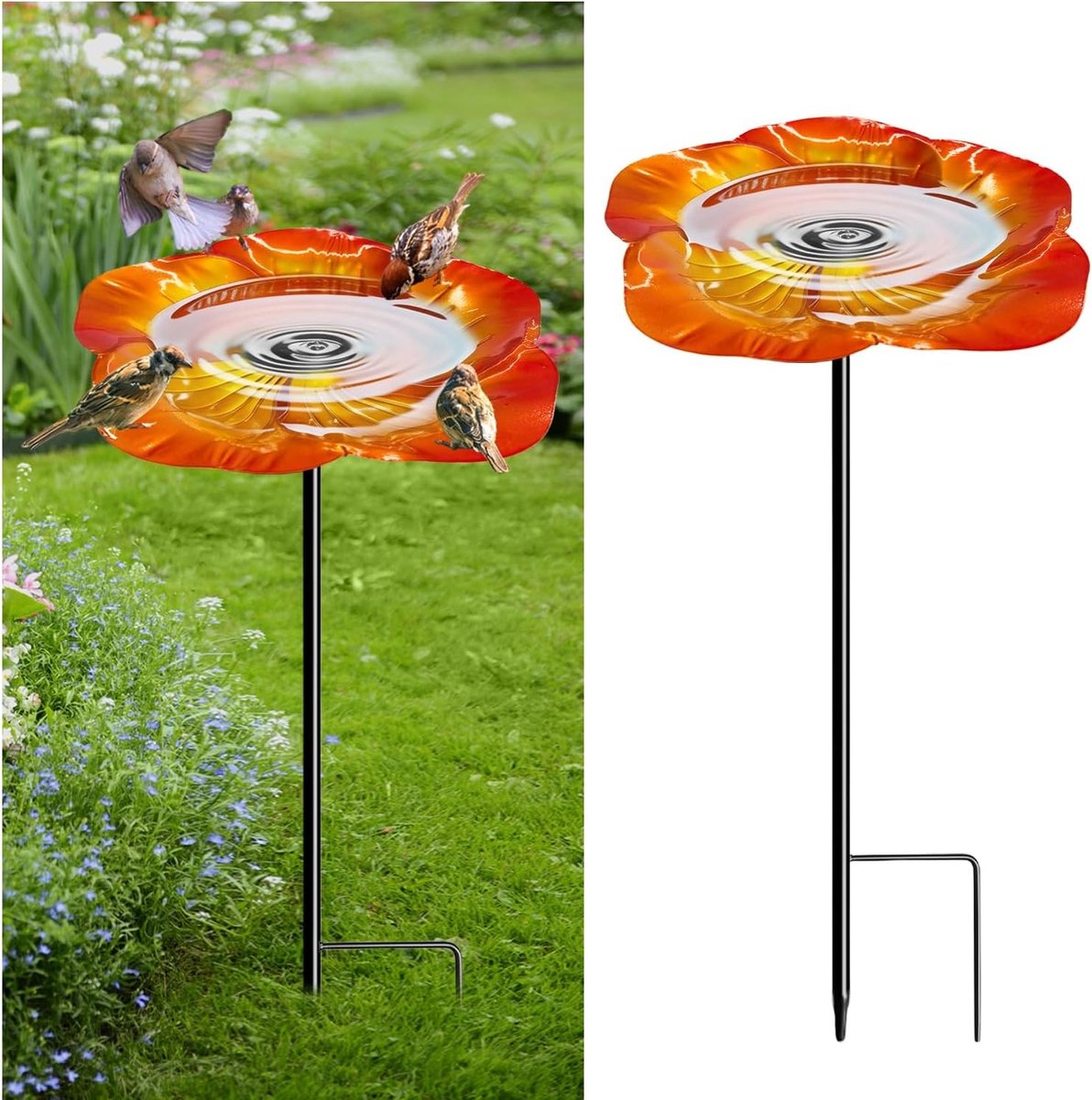 Vogelbad in bloemvorm voor de tuin, metalen waterbak voor wilde vogels, staand vogelbad voor balkon en terras, goudbruin ontwerp
